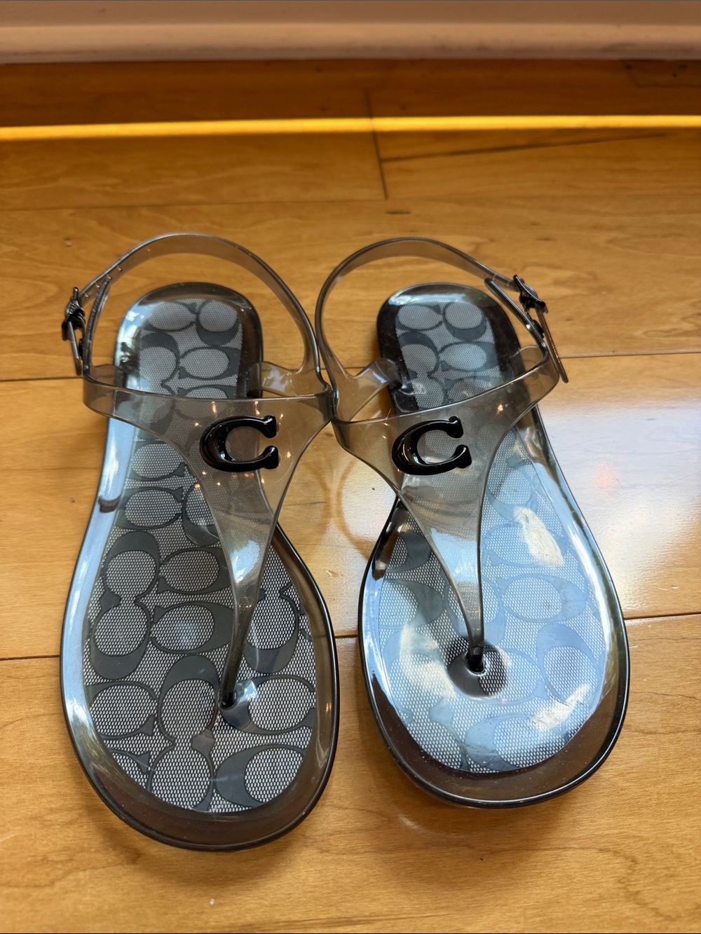 Coach Translucent Gray Jelly T-Strap Sandals with Signature C